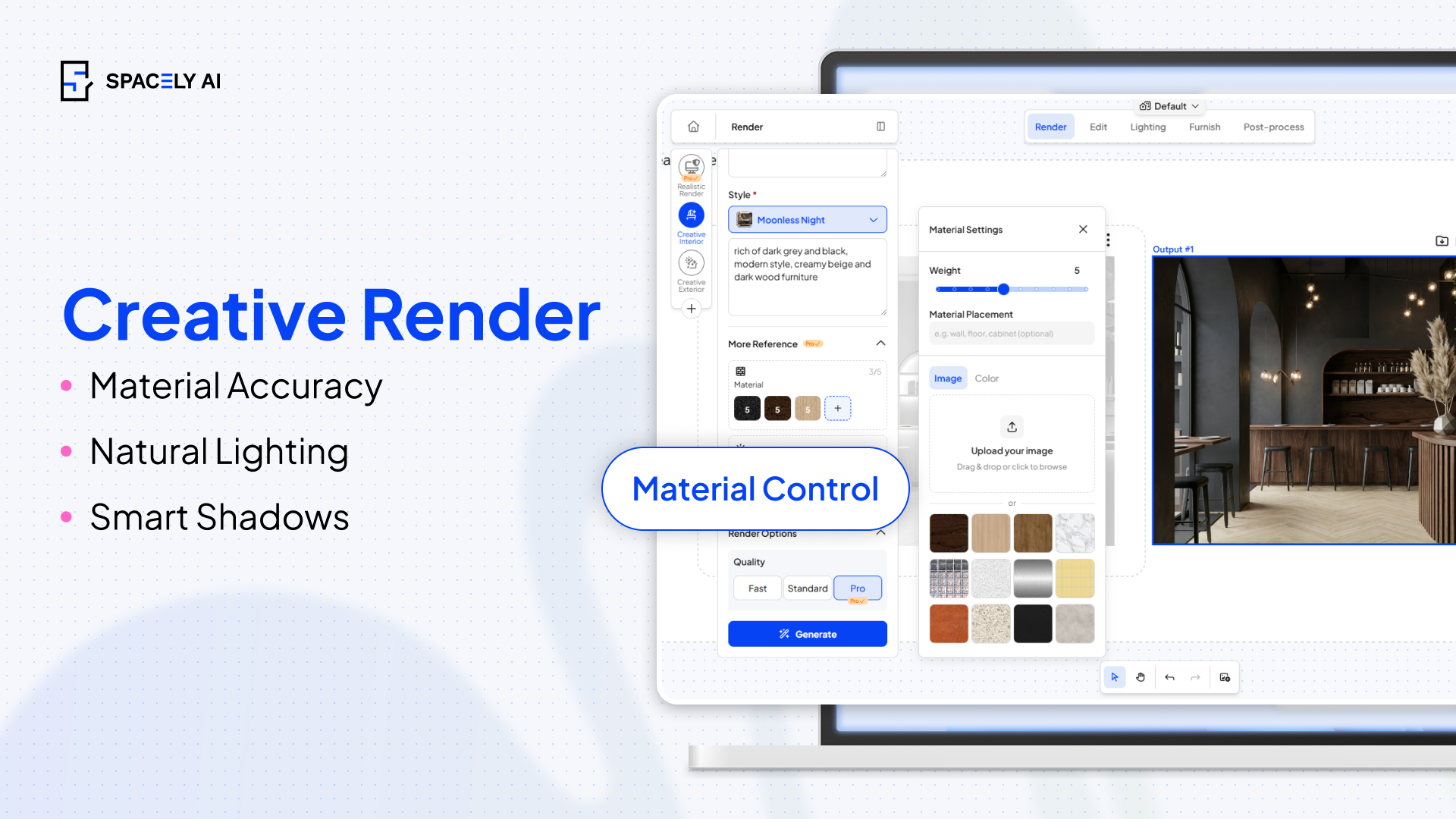 Spacely AI's Creative Render panel: style dropdown, prompt, material references with a weight slider and a placement field, and Fast, Standard, Pro quality options (Spacely AI)