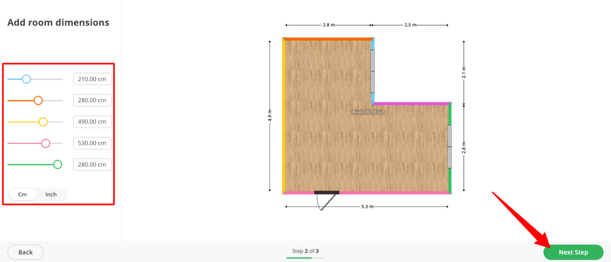 Planner 5D's Smart Wizard, step two of three: an L-shaped room with each wall length set by slider or typed in centimetres or inches (screenshot via Unite.AI's hands-on review)