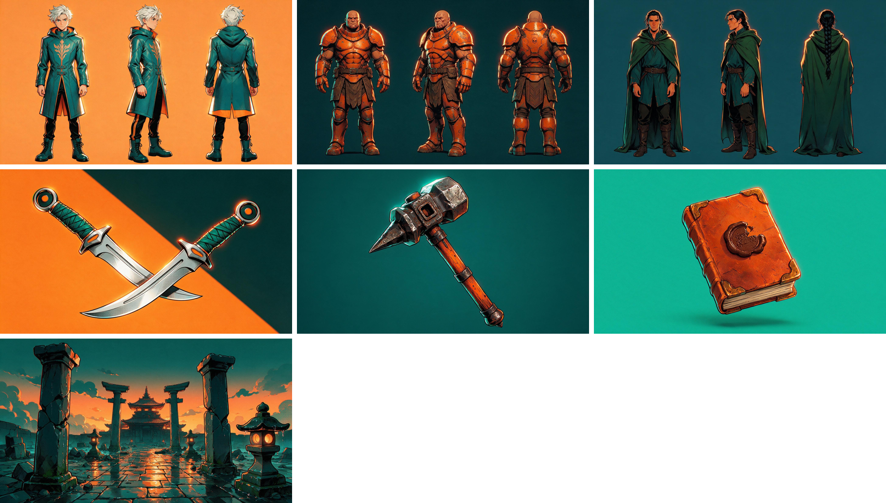 The three character sheets, the two weapons, the booklet and the courtyard