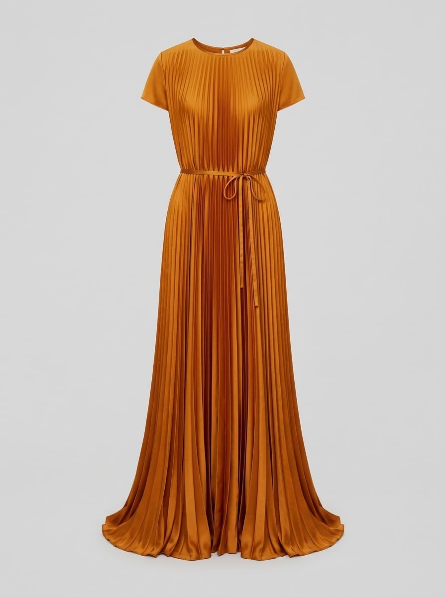 The floor-length amber pleated silk dress, referenced from the front.