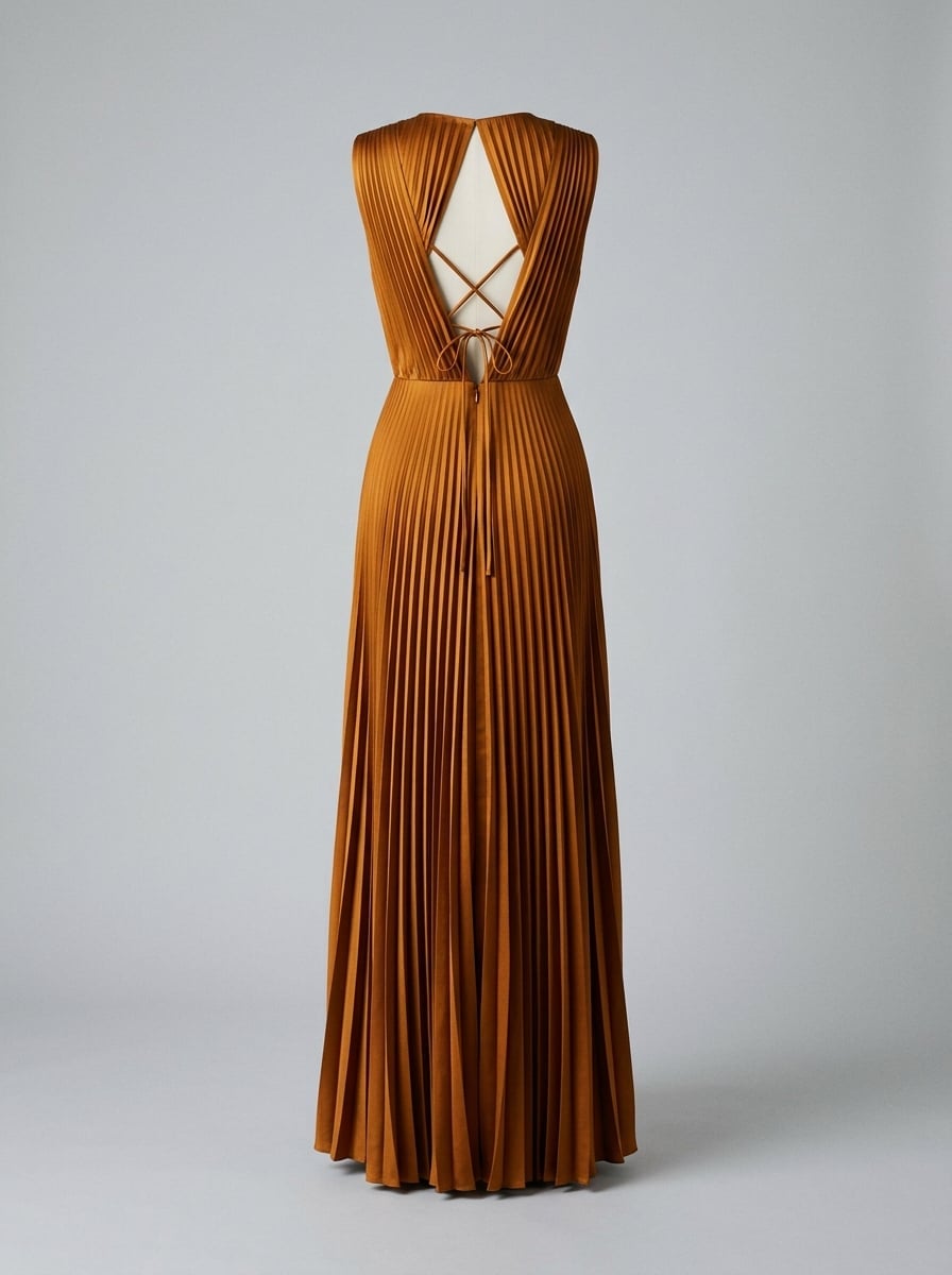 The same dress referenced from the back, showing the open V and its crossed ties.