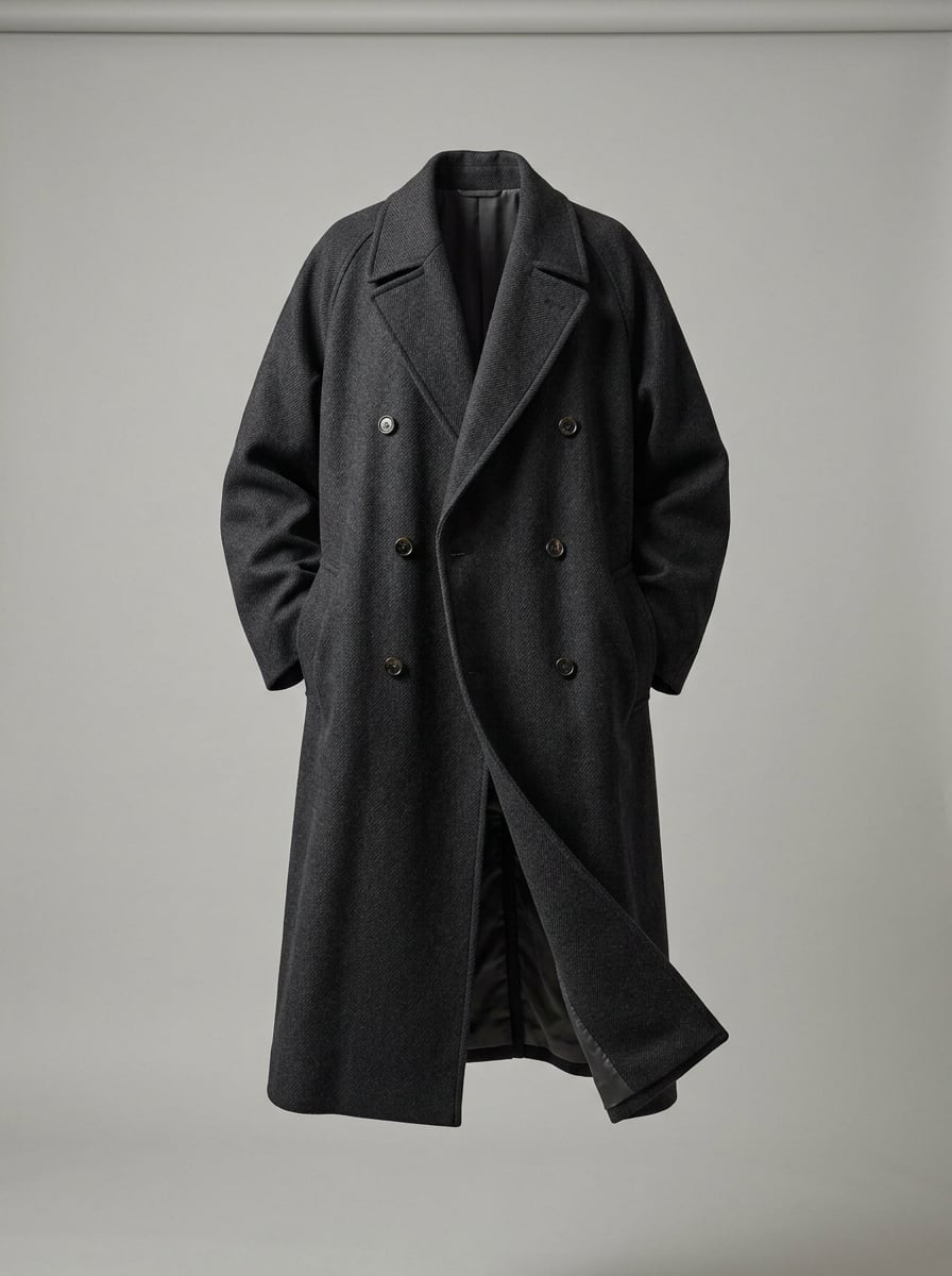 The oversized charcoal wool overcoat used across the set.