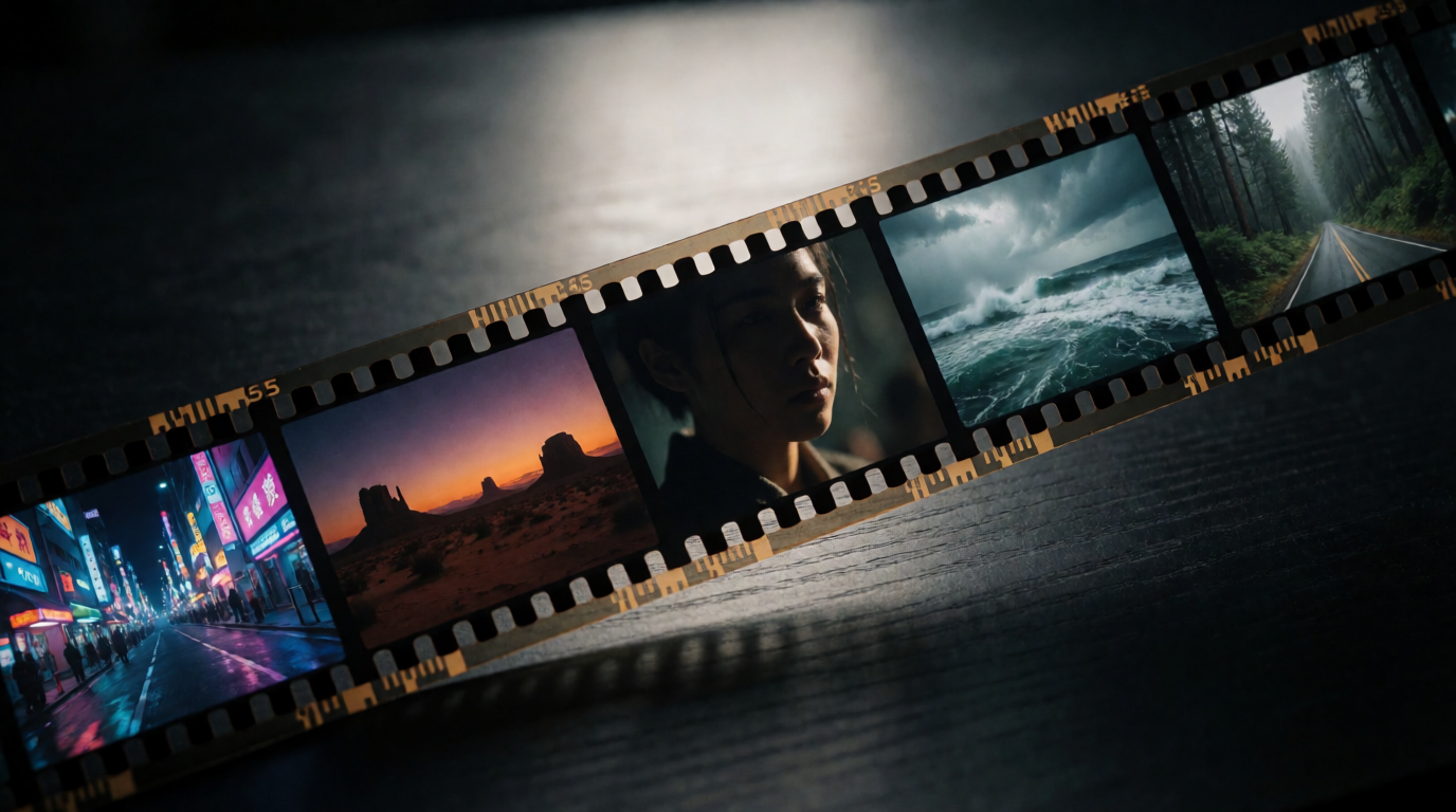 A filmstrip of cinematic frames — generated with Krea 2