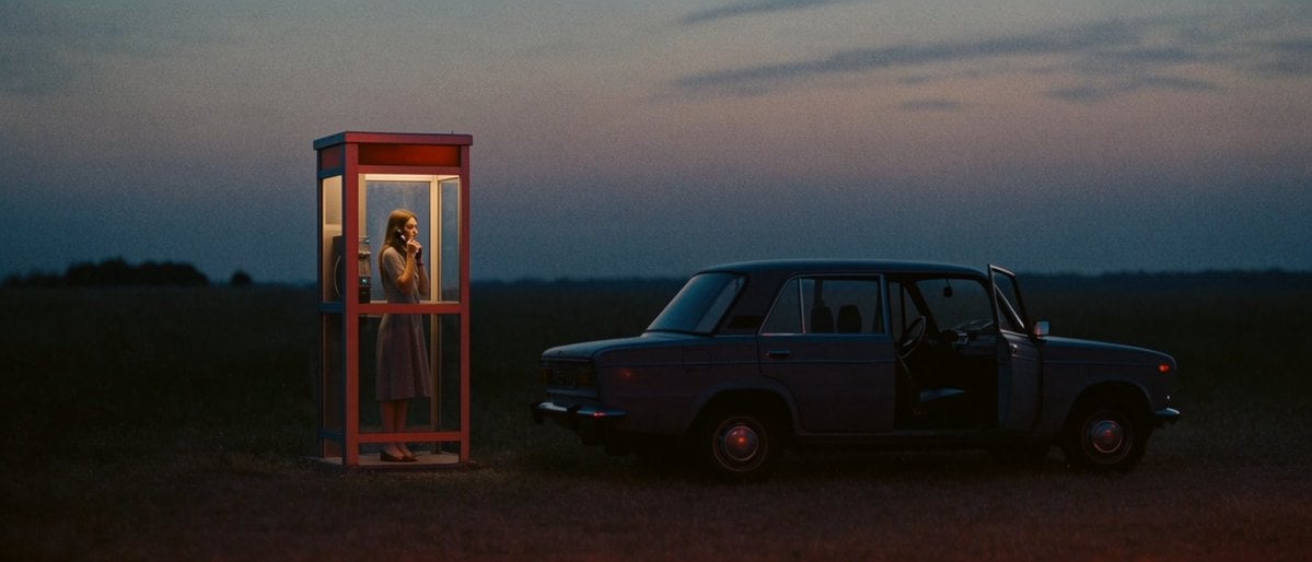 Lone woman in a glowing phone booth at deep blue dusk, vintage car door left open