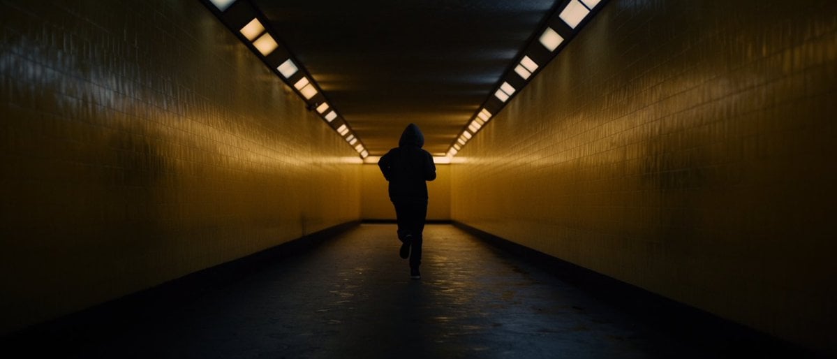Hooded figure running through a symmetrical tiled pedestrian tunnel under fluorescent lights