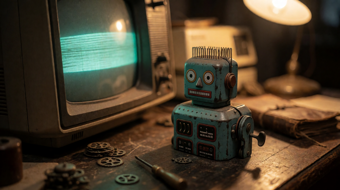 A dusty vintage toy robot on an old wooden desk beside a glowing retro computer monitor, warm nostalgic lighting