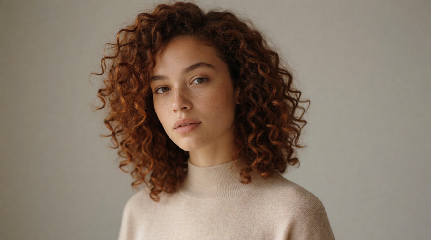 Photorealistic editorial portrait of a young woman with freckles and curly auburn hair in natural window light