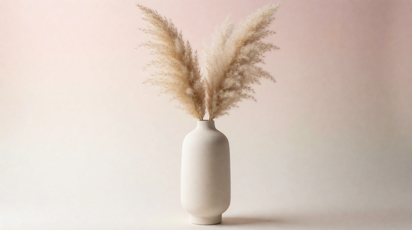 Studio product photo of a matte ceramic vase with dried pampas grass on a pastel gradient background