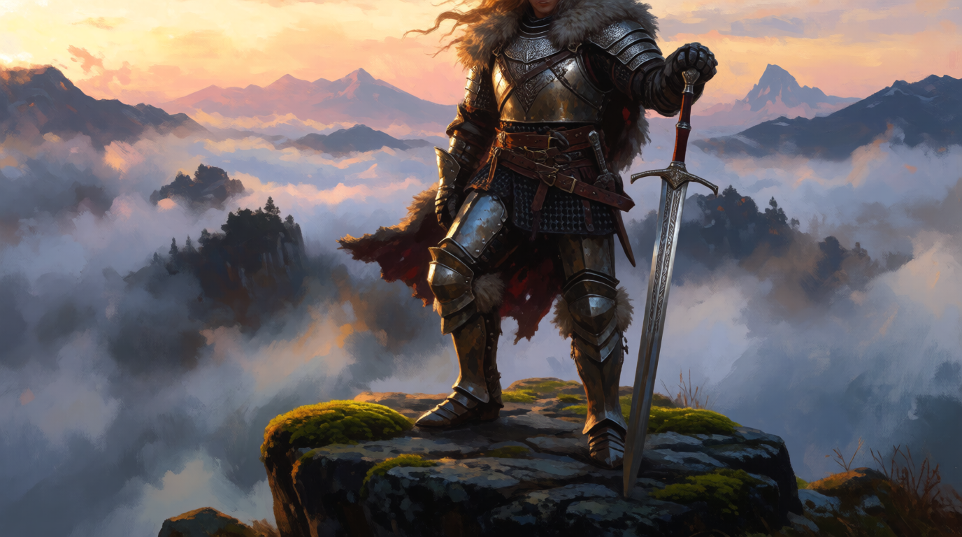 Painterly fantasy concept art of a female ranger in green leather armor on a misty cliff at dawn