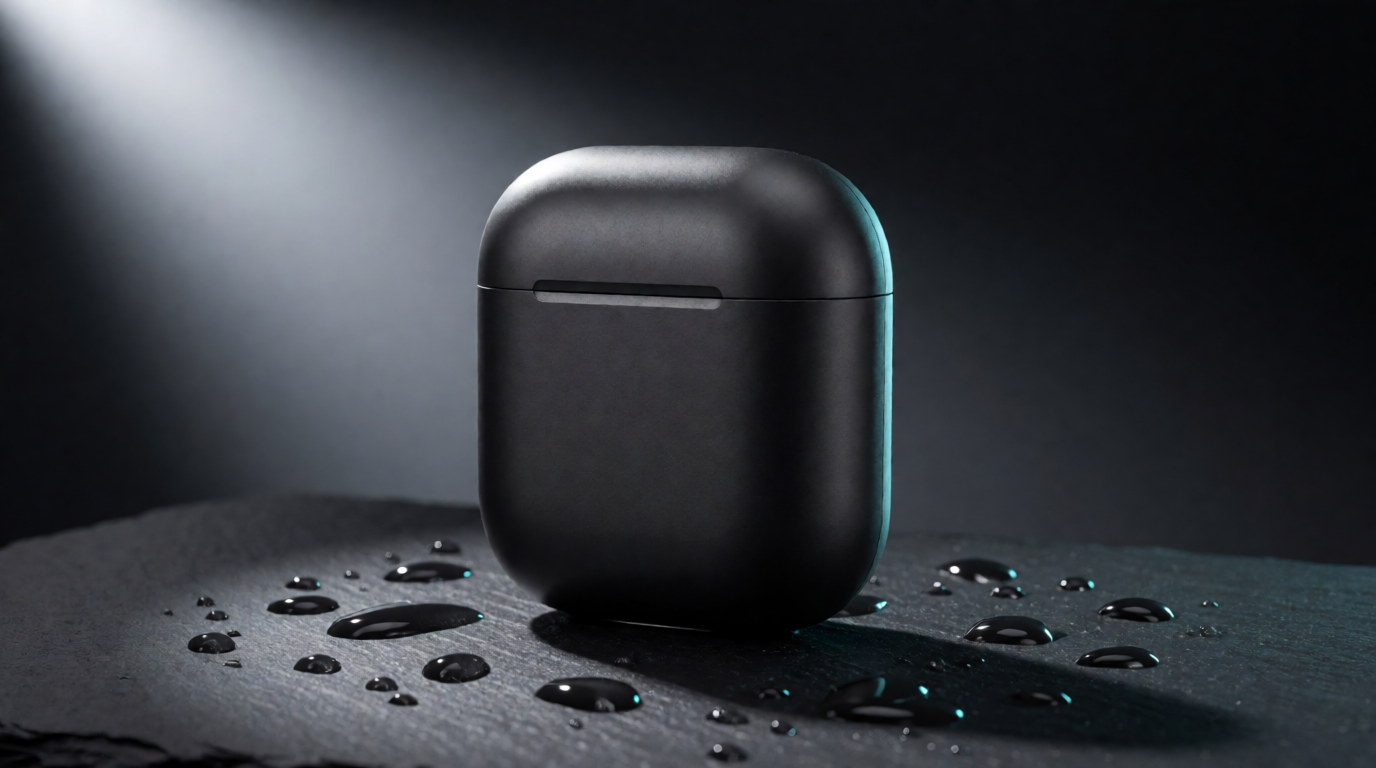 Product start frame of a black earbuds case on wet slate, generated with Krea 2 from the prompt above