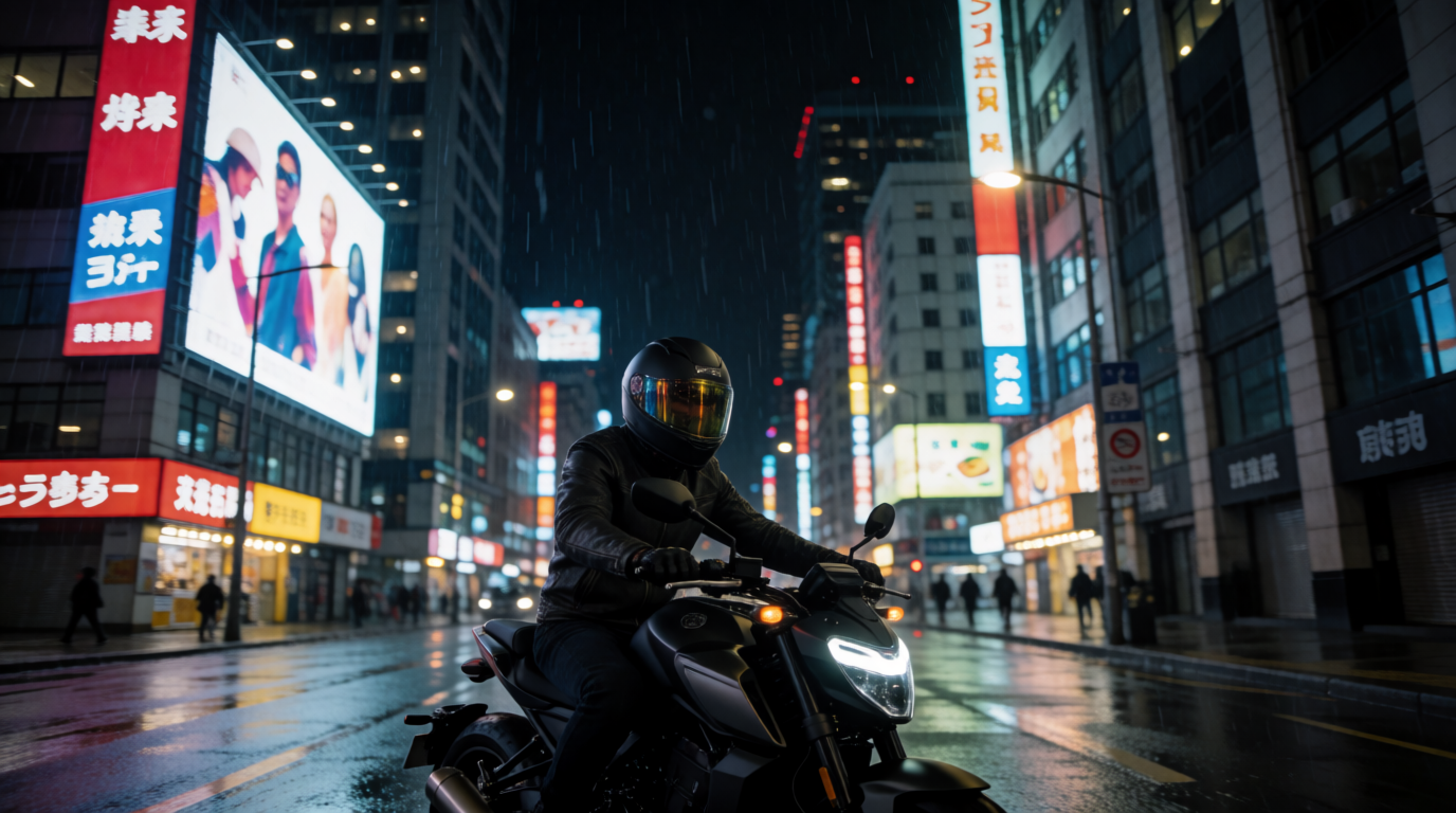 Start frame of a motorcyclist on a neon city street, generated with Krea 2 from the prompt above
