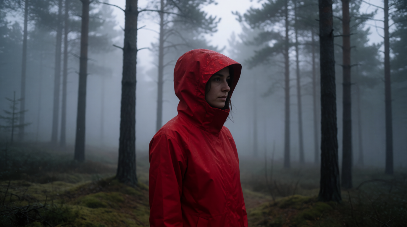 Woman in a red raincoat in a foggy pine forest, generated with Krea 2 from the prompt above