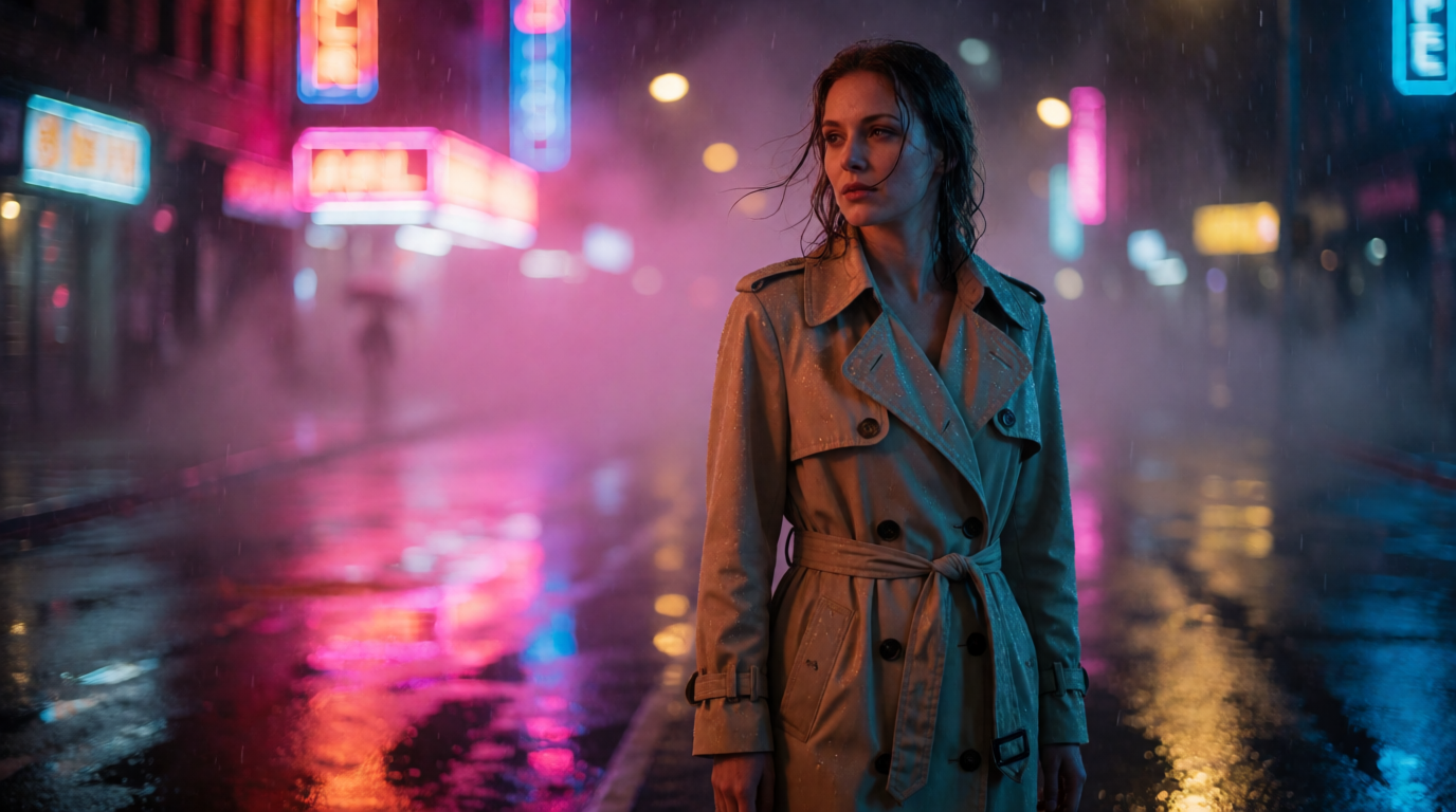 Raw Krea 2 output of a woman in a trench coat on a neon-lit rain-soaked street, illustrating the mood Midjourney is known for