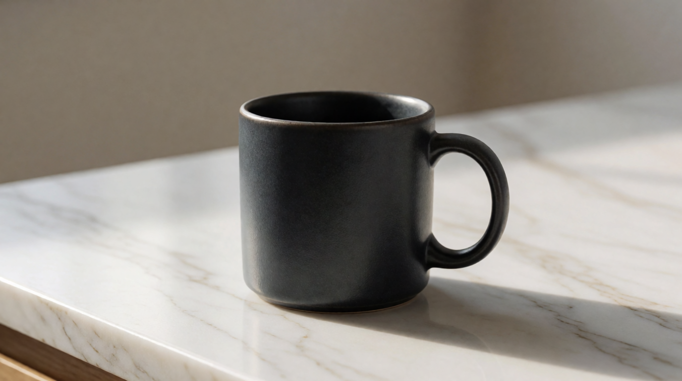 Raw Krea 2 output of a ceramic coffee mug on a marble countertop, a product-photography generation with no in-image text requirement