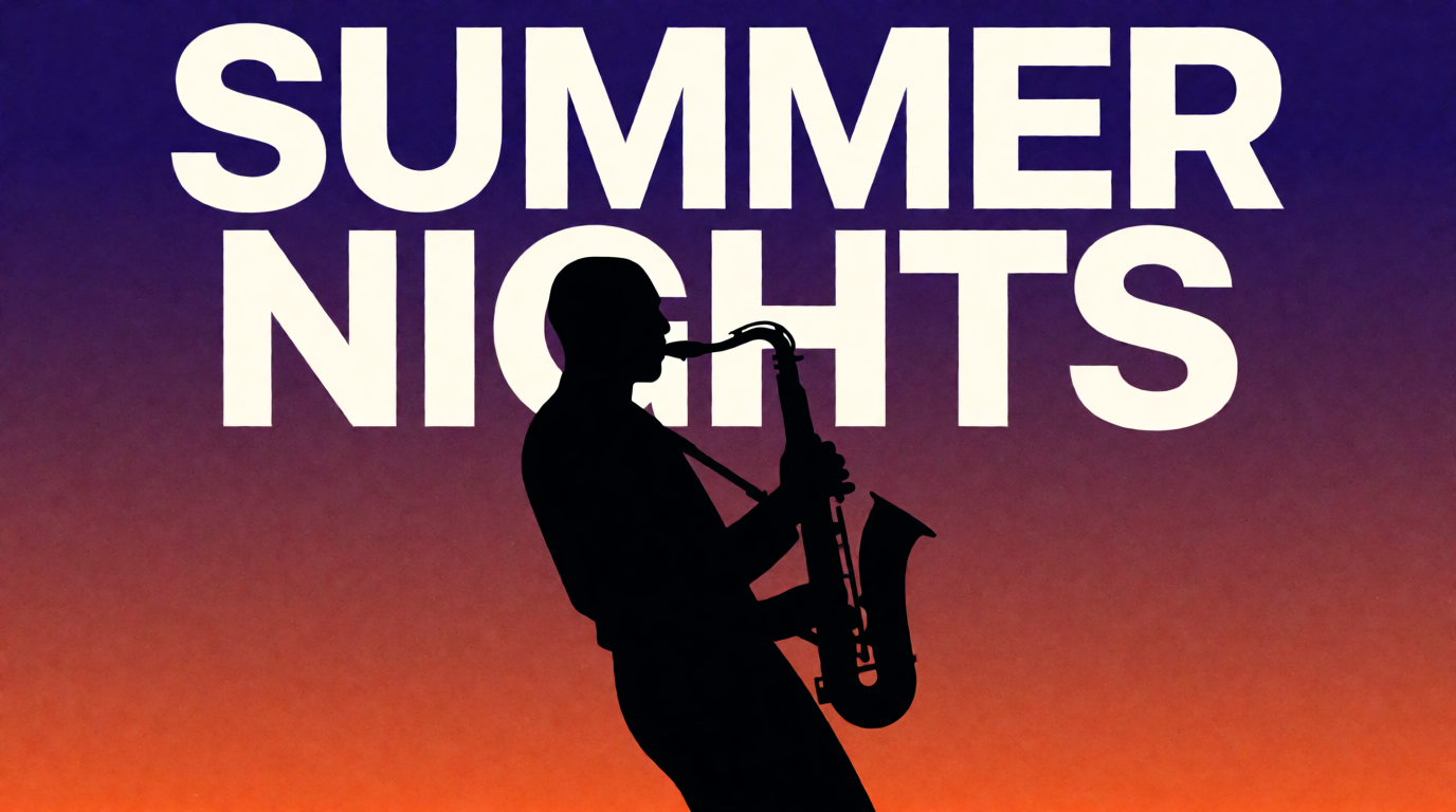 Raw Krea 2 output of a concert poster reading SUMMER NIGHTS above a saxophone player silhouette — a second unretouched test of Krea's text rendering