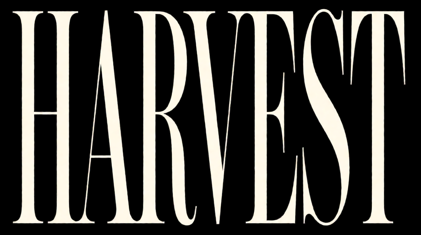 Raw Krea 2 output: the word HARVEST in a tall high-contrast serif, cream letters on a black background