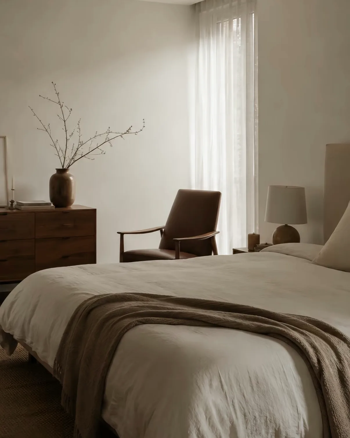 A quiet bedroom with linen bedding, a walnut dresser and a leather chair beside a sheer-curtained window.