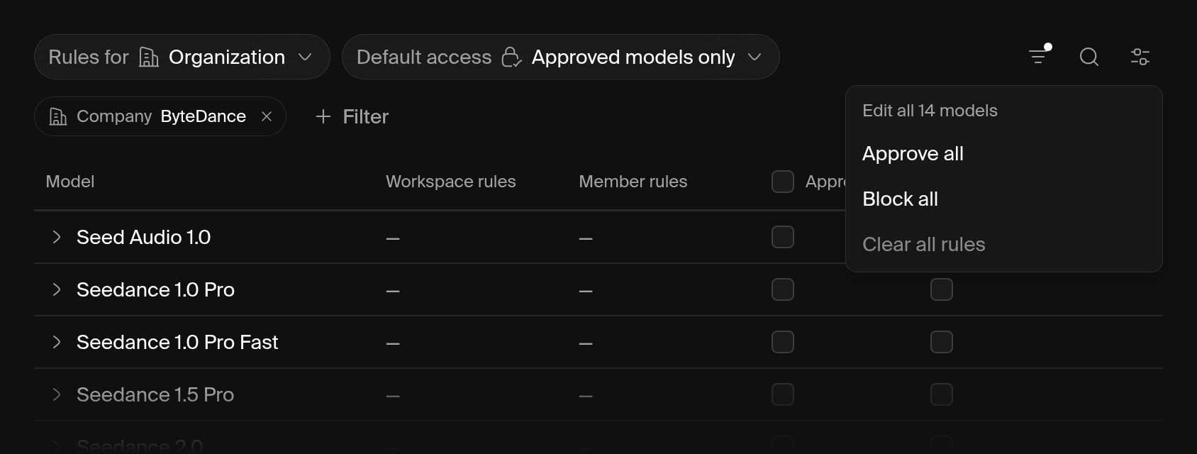 Models filtered to one company, with the Edit all menu open on Approve all