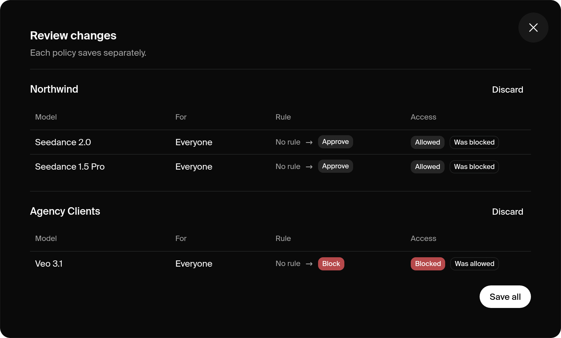The Review changes dialog showing changes to an organization policy and a workspace policy
