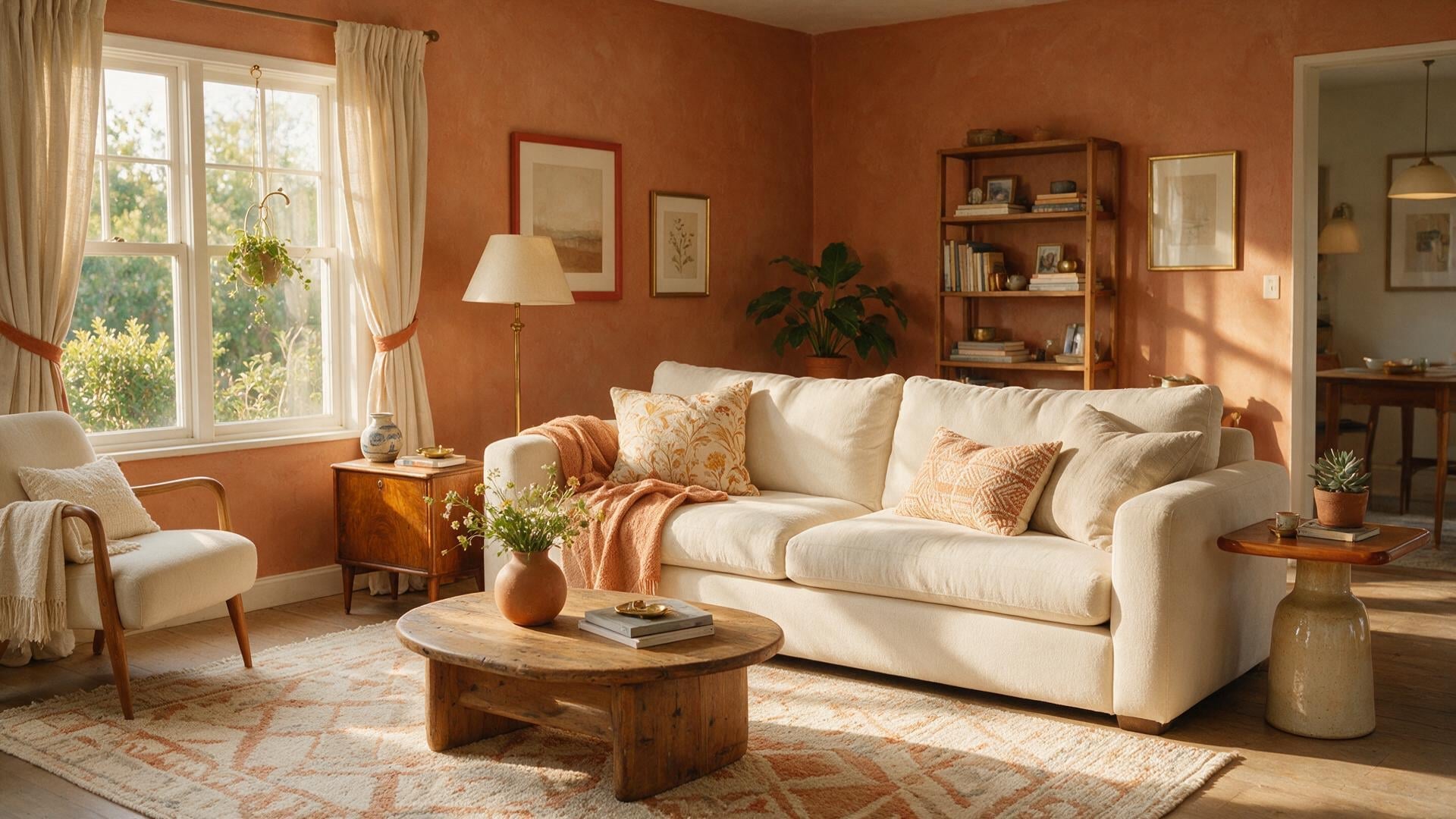 A terracotta-walled living room with a cream sofa, walnut furniture, brass accents, and a few patterned textiles arranged as one cohesive room.