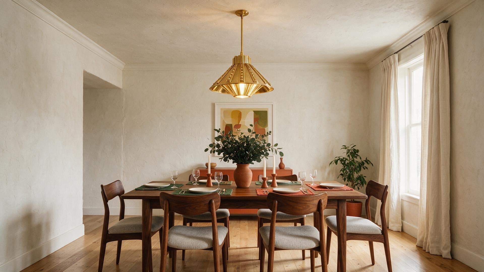 A dining room with mid-century walnut chairs, an Art Deco brass pendant, plaster walls, and a terracotta-and-deep-green palette.