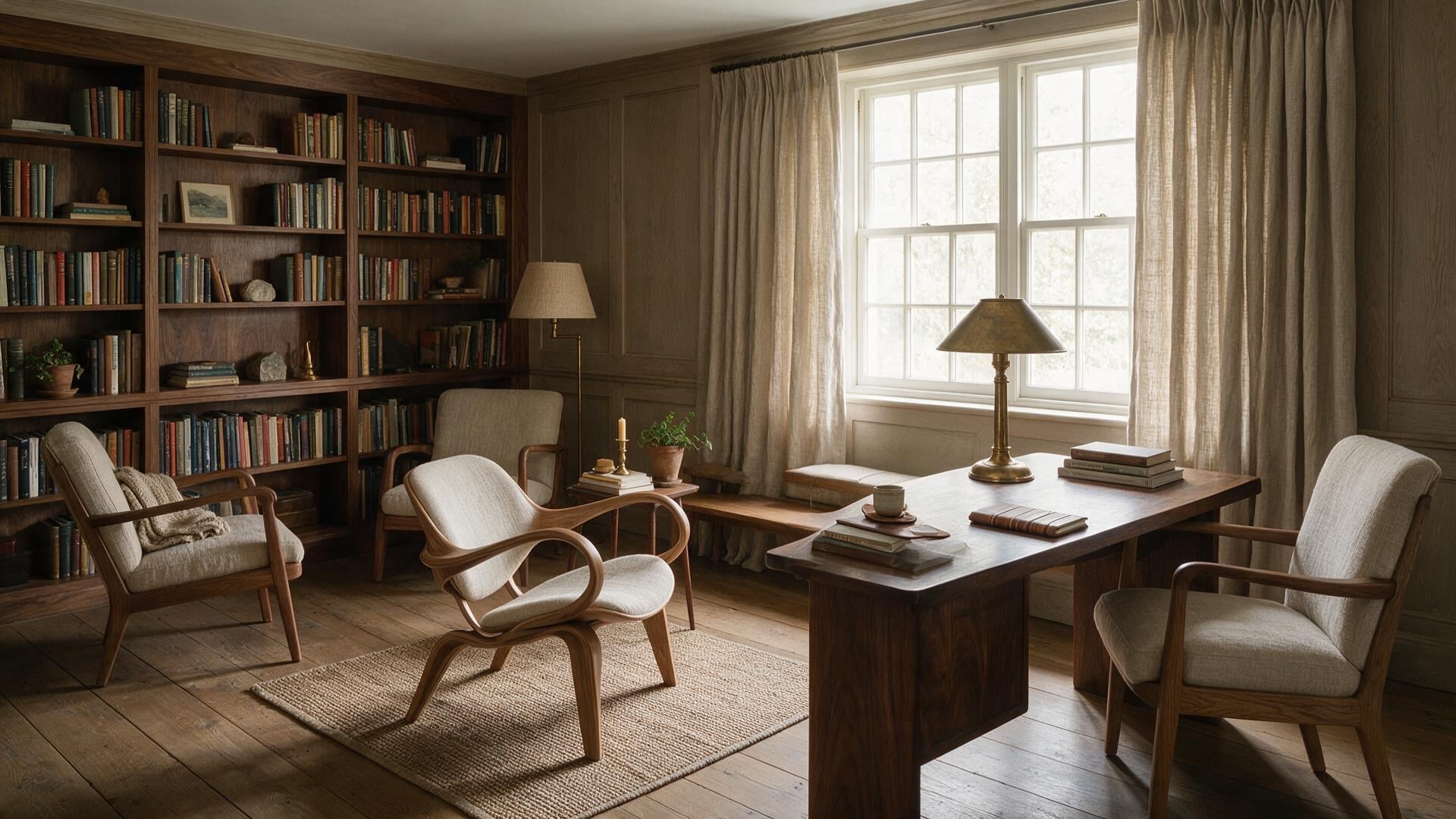 A reading room where walnut, oak, brass, and linen repeat across furniture pieces from different styles.