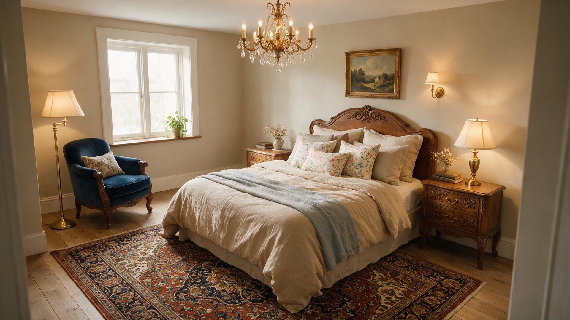 An eclectic bedroom with a large patterned rug, smaller prints, linen bedding, carved wood, velvet, and neutral walls.