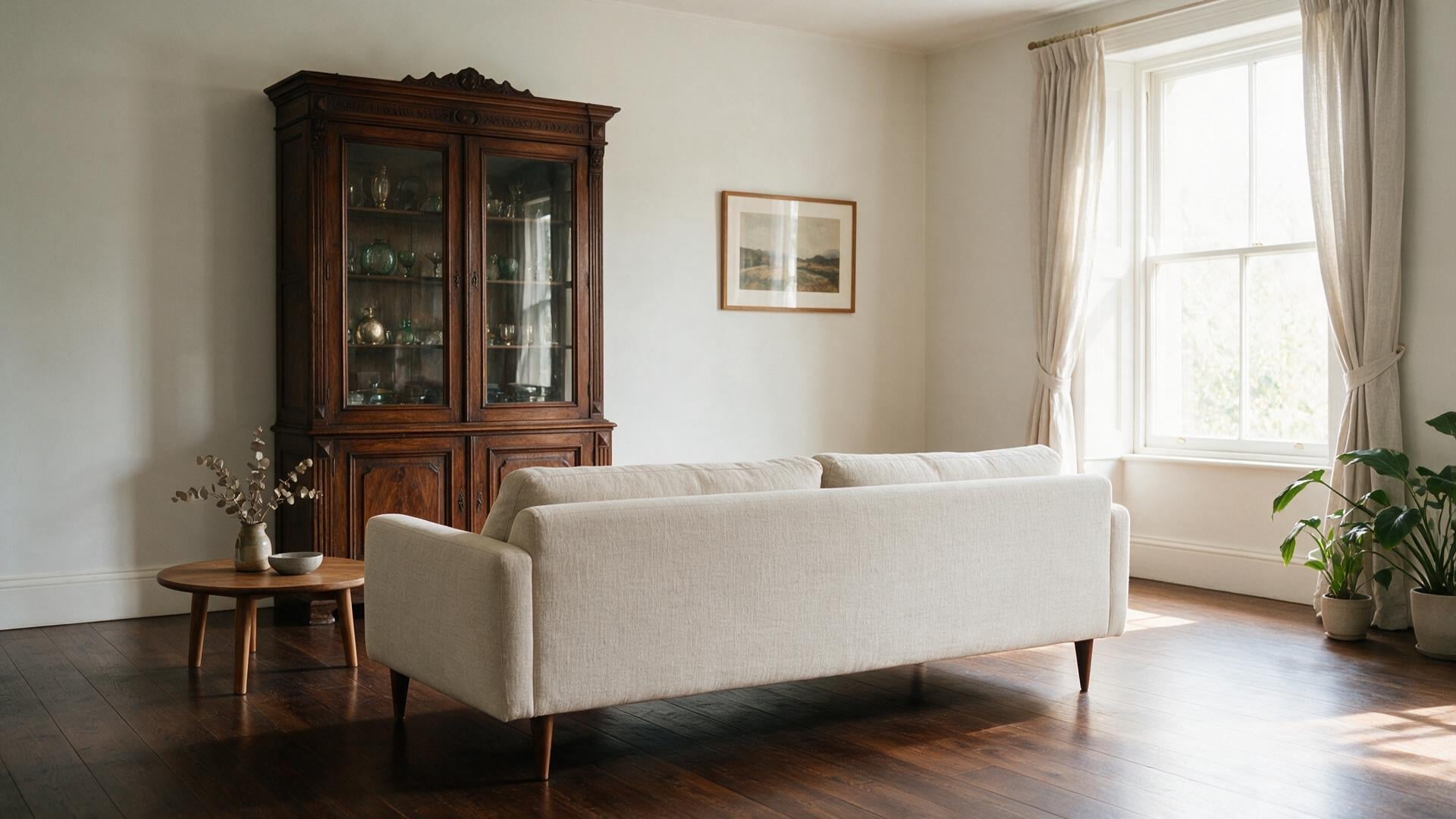 A bright living room with a low modern sofa, a tall antique cabinet, sparse wall art, and open floor space.