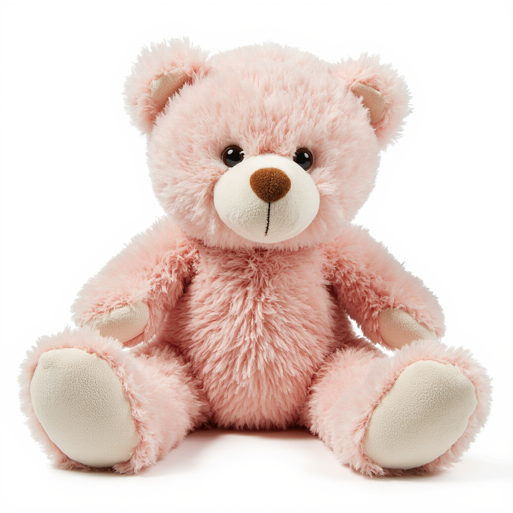 Krea 2 generated product shot of a pink teddy bear isolated on white background