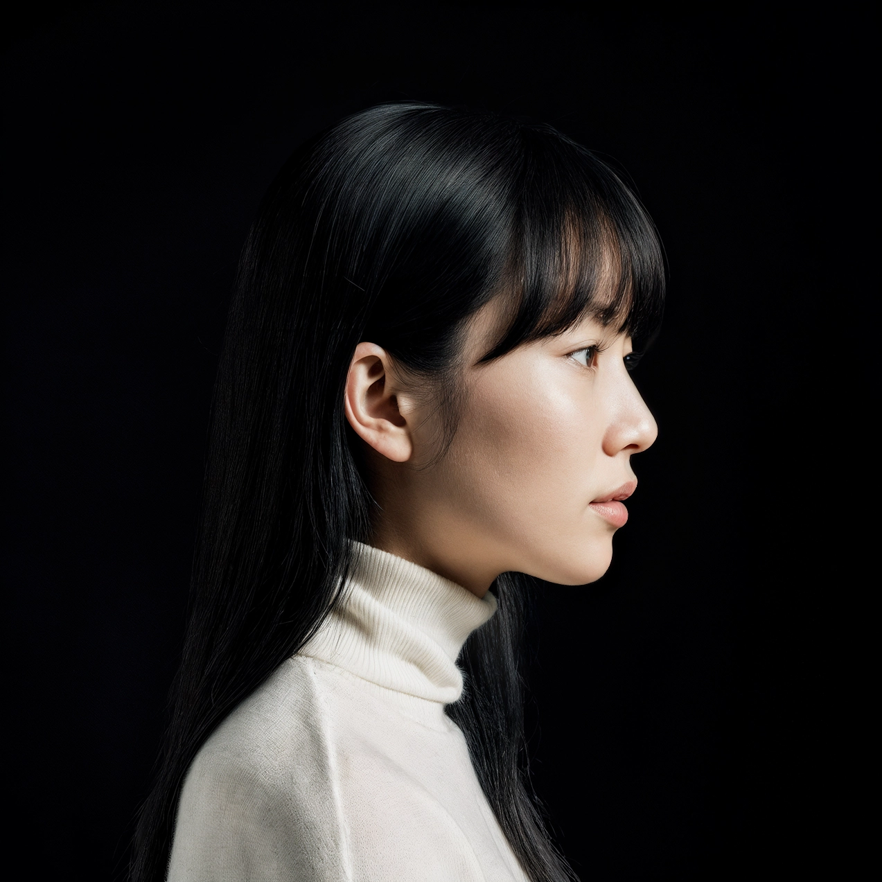 Enhanced version of a profile portrait of a person with long straight black hair and bangs, wearing a cream-colored turtleneck sweater. The subject faces left against a plain black background, with soft, even lighting highlighting the side of the face and hair.