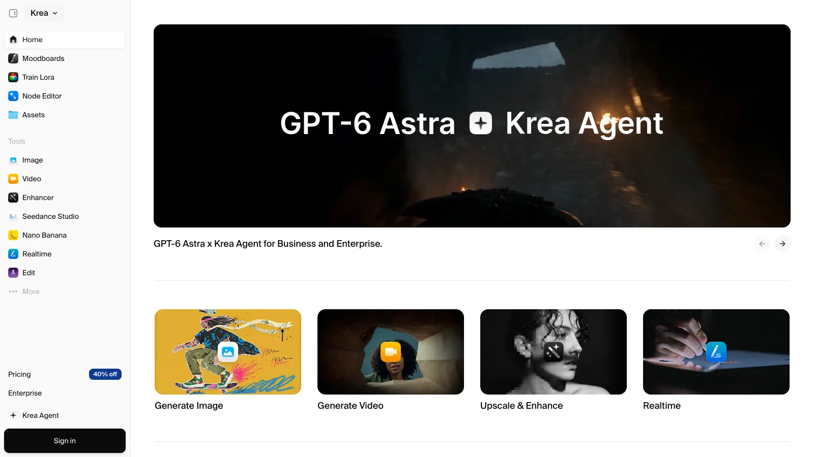 Vista previa de la página principal y herramientas creativas de Krea