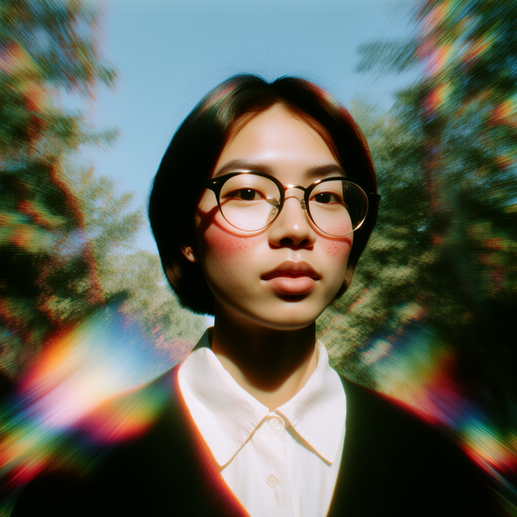 Resultado de intercambio de rostro AI: la misma mujer en un retrato retro al aire libre con destellos de luz prismáticos de arcoíris.