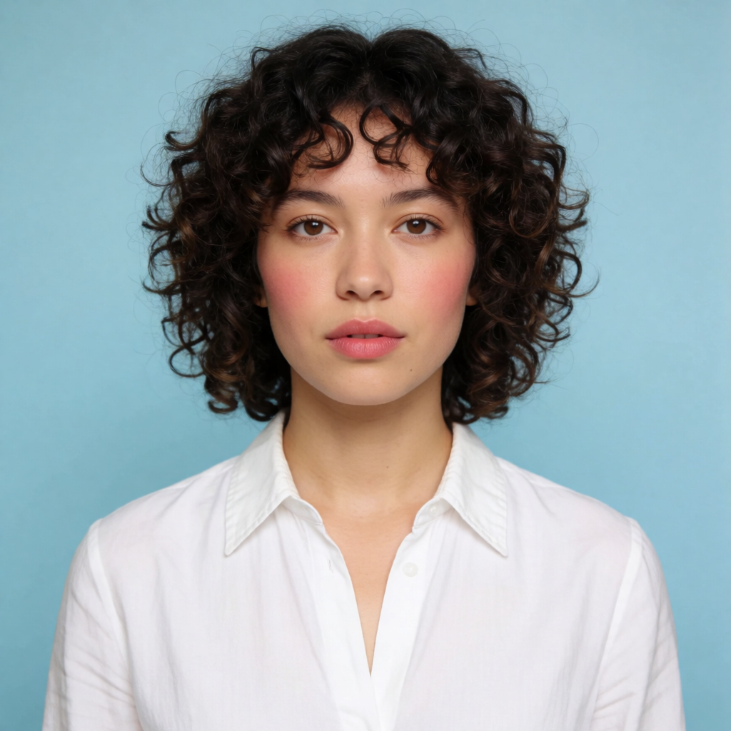 Imagen después del intercambio de caras AI: mismo retrato con la cara intercambiada a una mujer con cabello rizado oscuro, misma pose, atuendo y fondo.