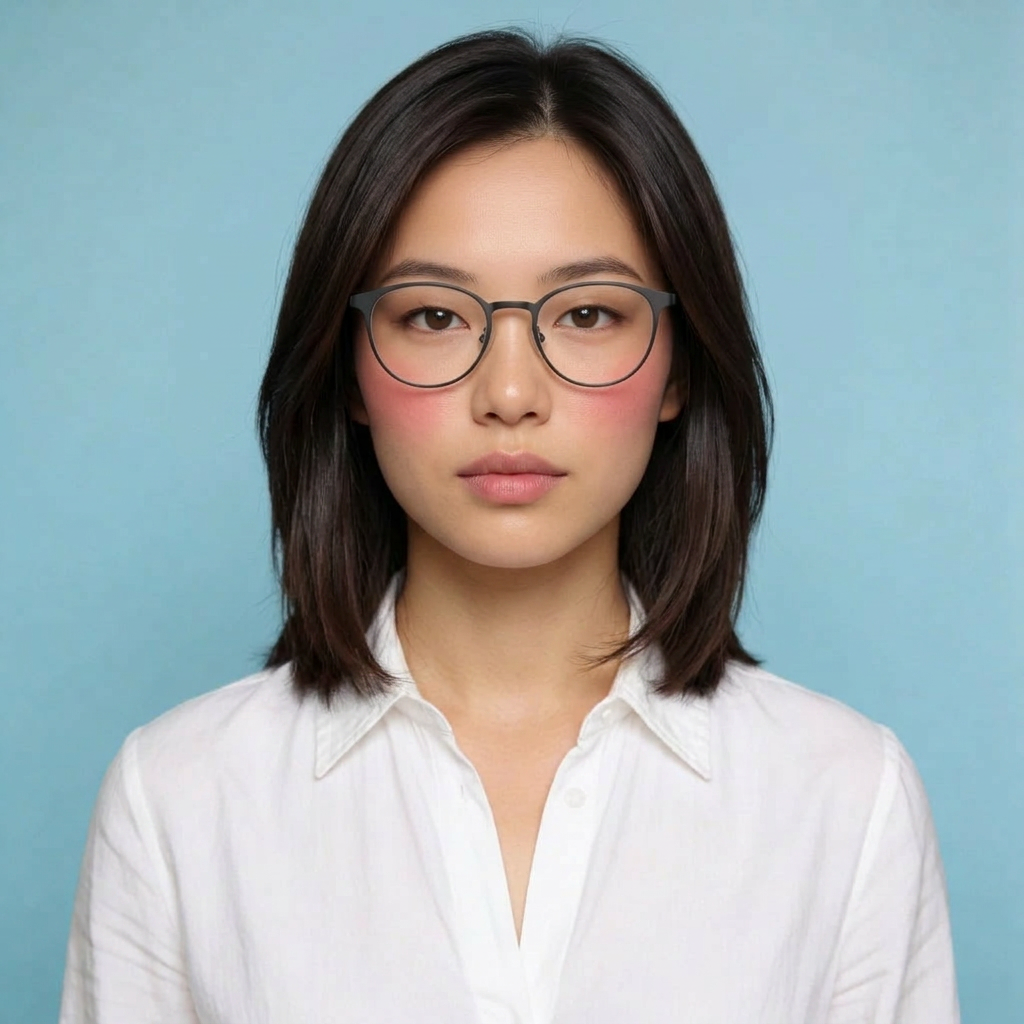 Imagen antes del intercambio de caras AI: retrato de una mujer con cabello oscuro lacio y gafas, vistiendo una camisa blanca sobre un fondo azul claro.