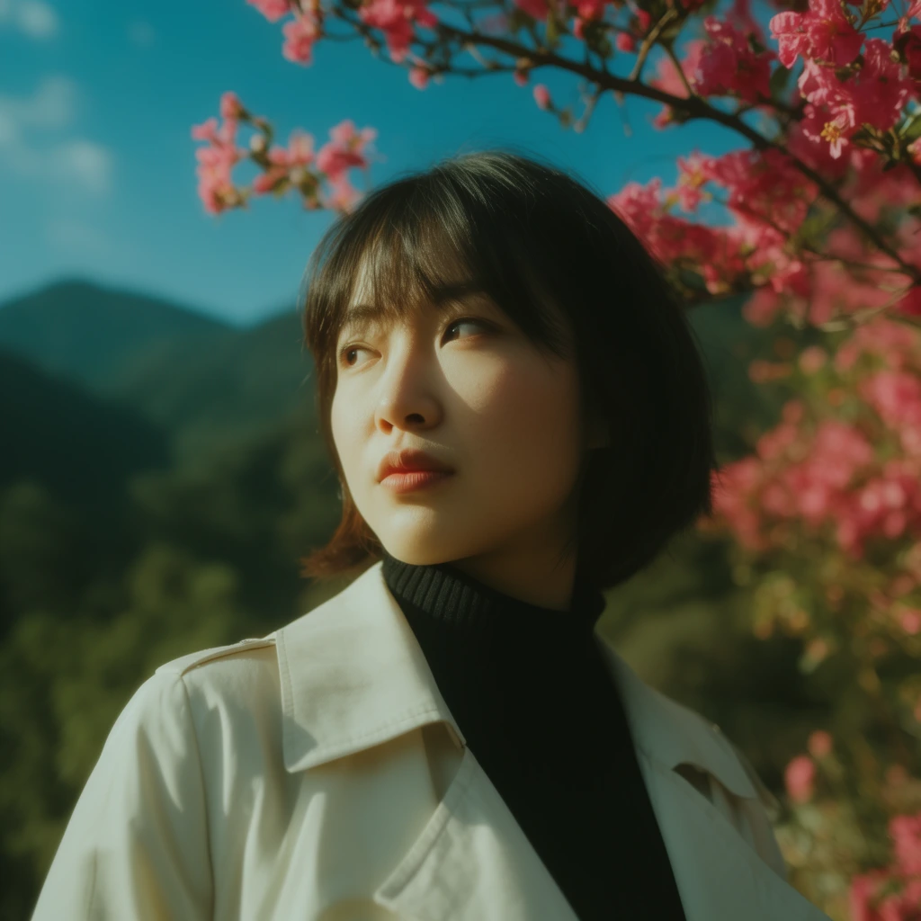 Resultado de intercambio de caras AI: la misma mujer en un retrato cinematográfico de hora dorada rodeada de flores rosadas y montañas.