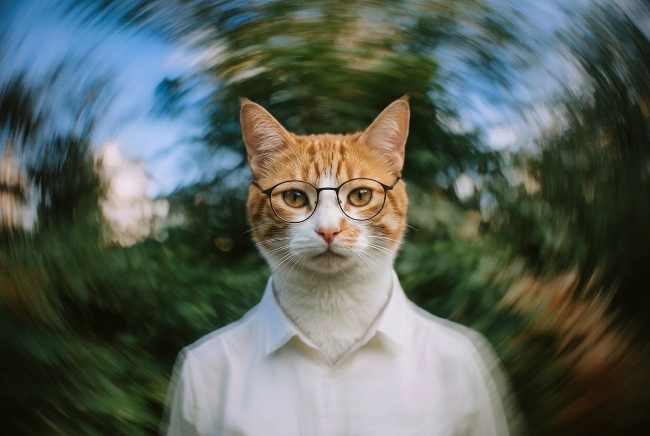 El mismo retrato con el rostro intercambiado por un gato, manteniendo la camisa y la escena sin cambios.