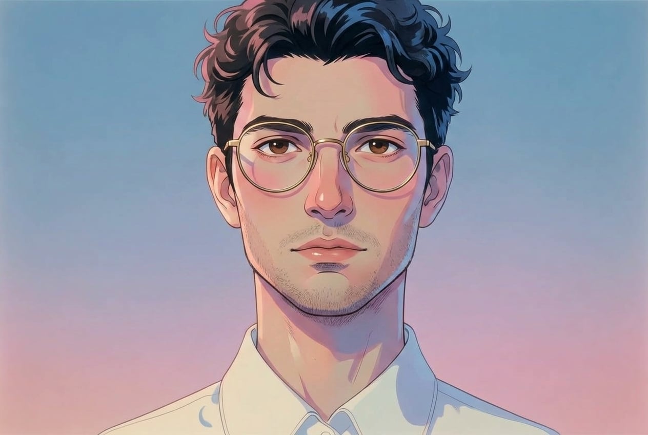 La misma ilustración con el rostro y cabello intercambiados por un hombre español, manteniendo la ropa y la composición sin cambios.