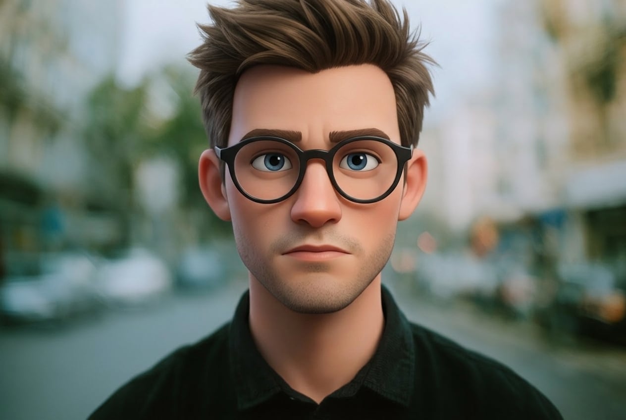 El mismo retrato callejero con el rostro intercambiado a un estilo de caricatura, manteniendo la ropa y el entorno sin cambios.