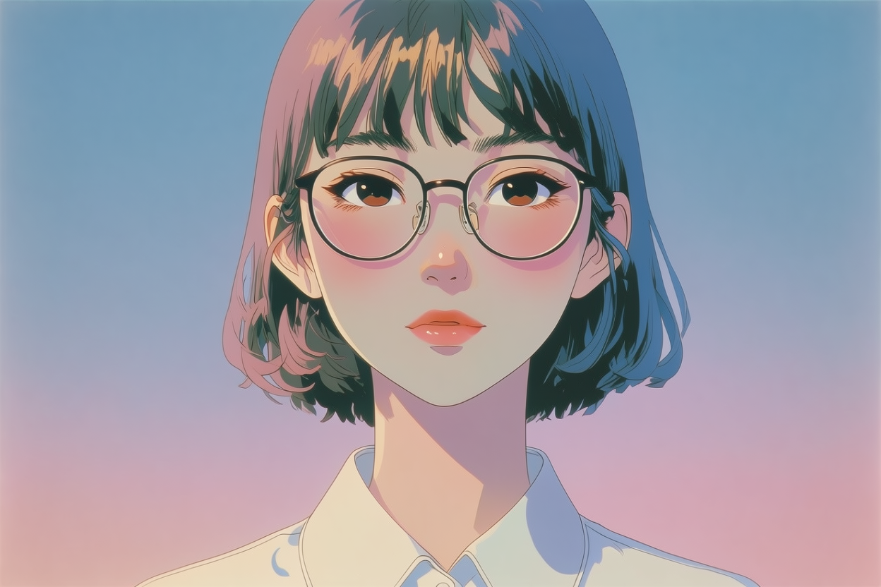 Retrato ilustrado de una joven con cabello oscuro corto, usando gafas redondas finas de montura negra y camisa blanca.