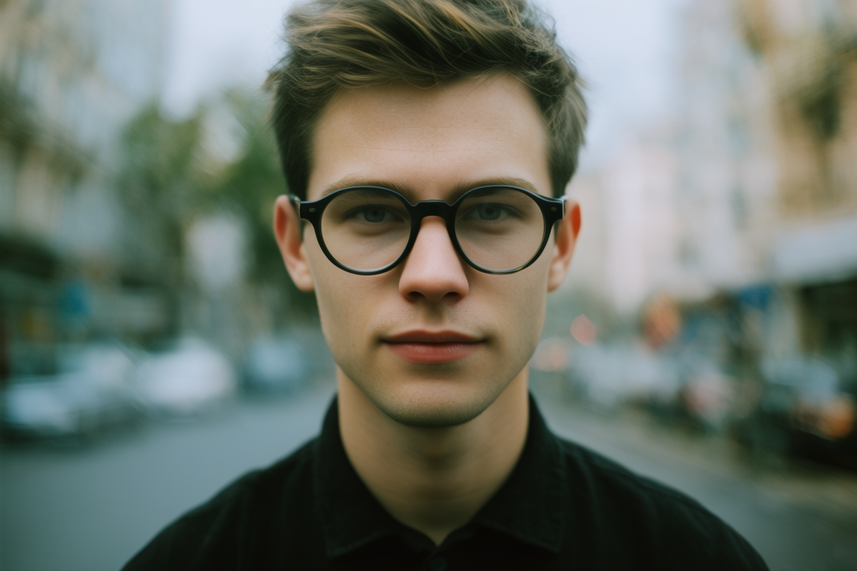 Foto callejera de un joven con cabello rubio oscuro corto, usando gafas redondas gruesas de montura negra y camisa negra.