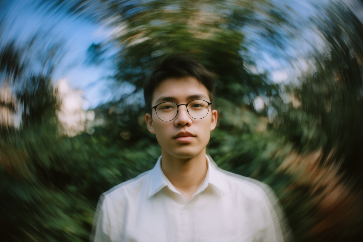 Foto callejera de un joven con cabello oscuro corto, usando gafas redondas finas de montura negra y camisa blanca con cuello.