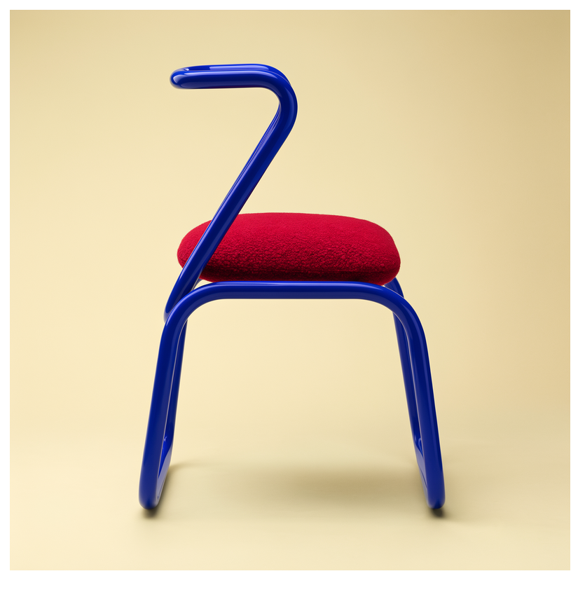 FLUX 3 studio product shot of a blue sculptural chair generated on Krea