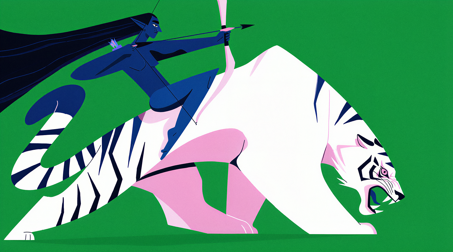 Fantasy concept art of a dark blue skinned elven archer riding a white tiger, flat graphic design