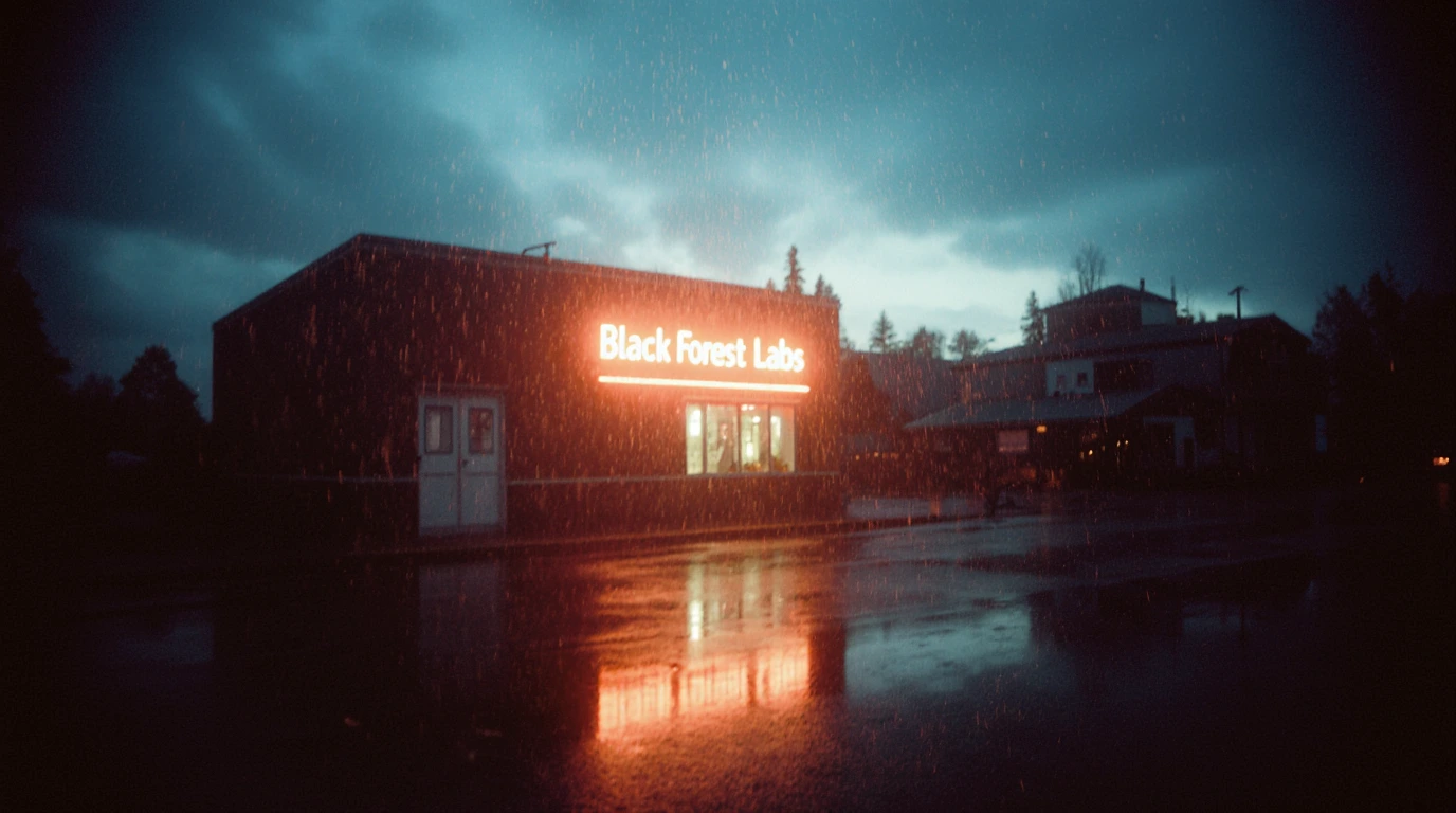 Moody night photography, a small store with an orange glowing sign that says "Black Forest Labs"