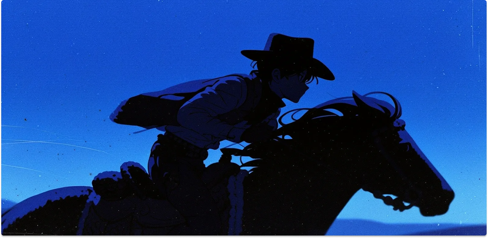 A stylized cowboy on horseback against a red sky, generated with Krea
