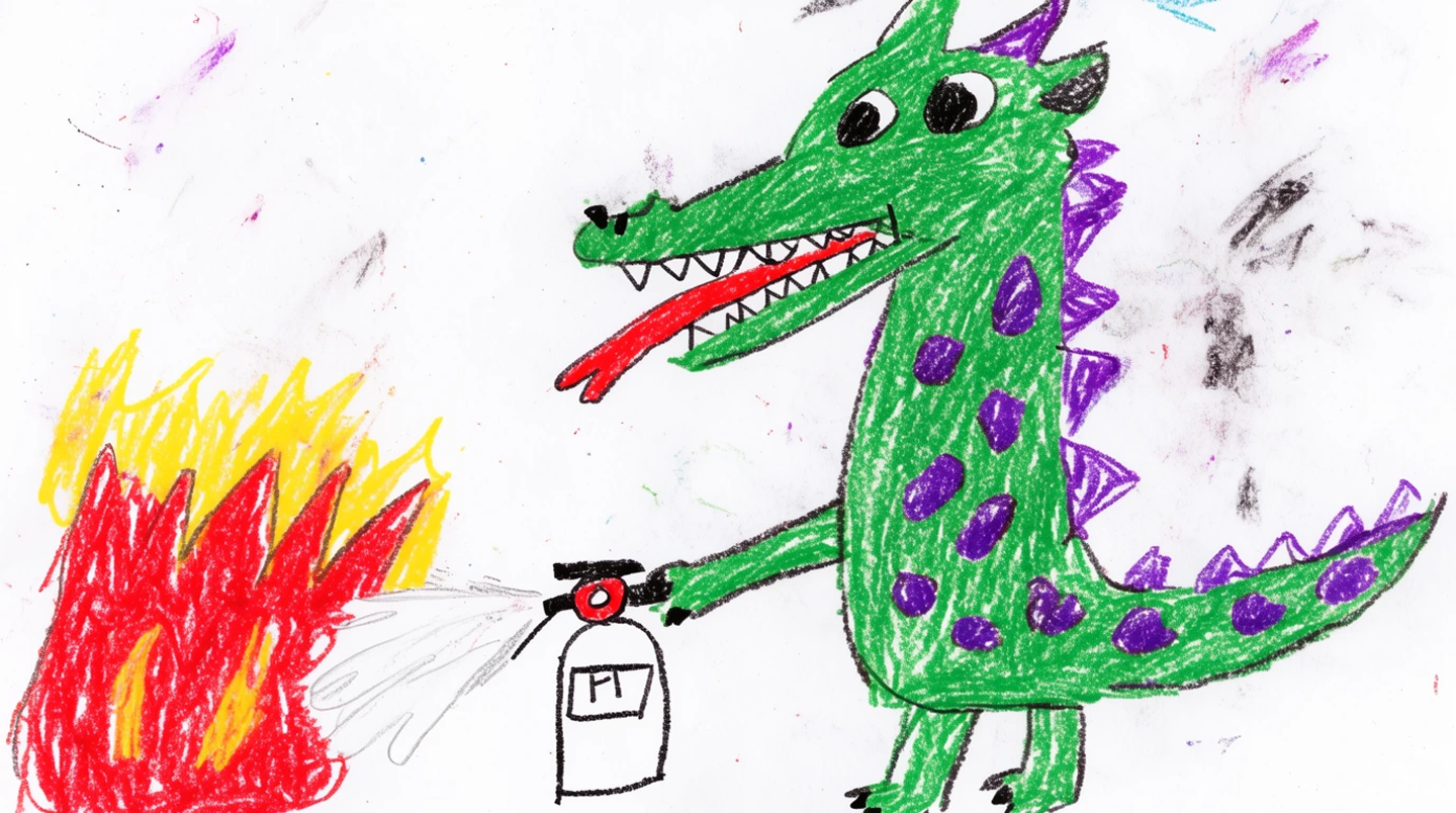 Childish crayon drawing of a dragon spraying a fire extinguisher at some fire