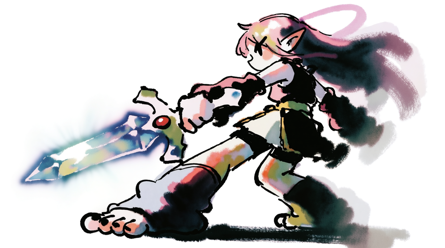 Highly stylized energetic illustration of an elf with a glowing blue crystal sword, loose ink-wash brushwork