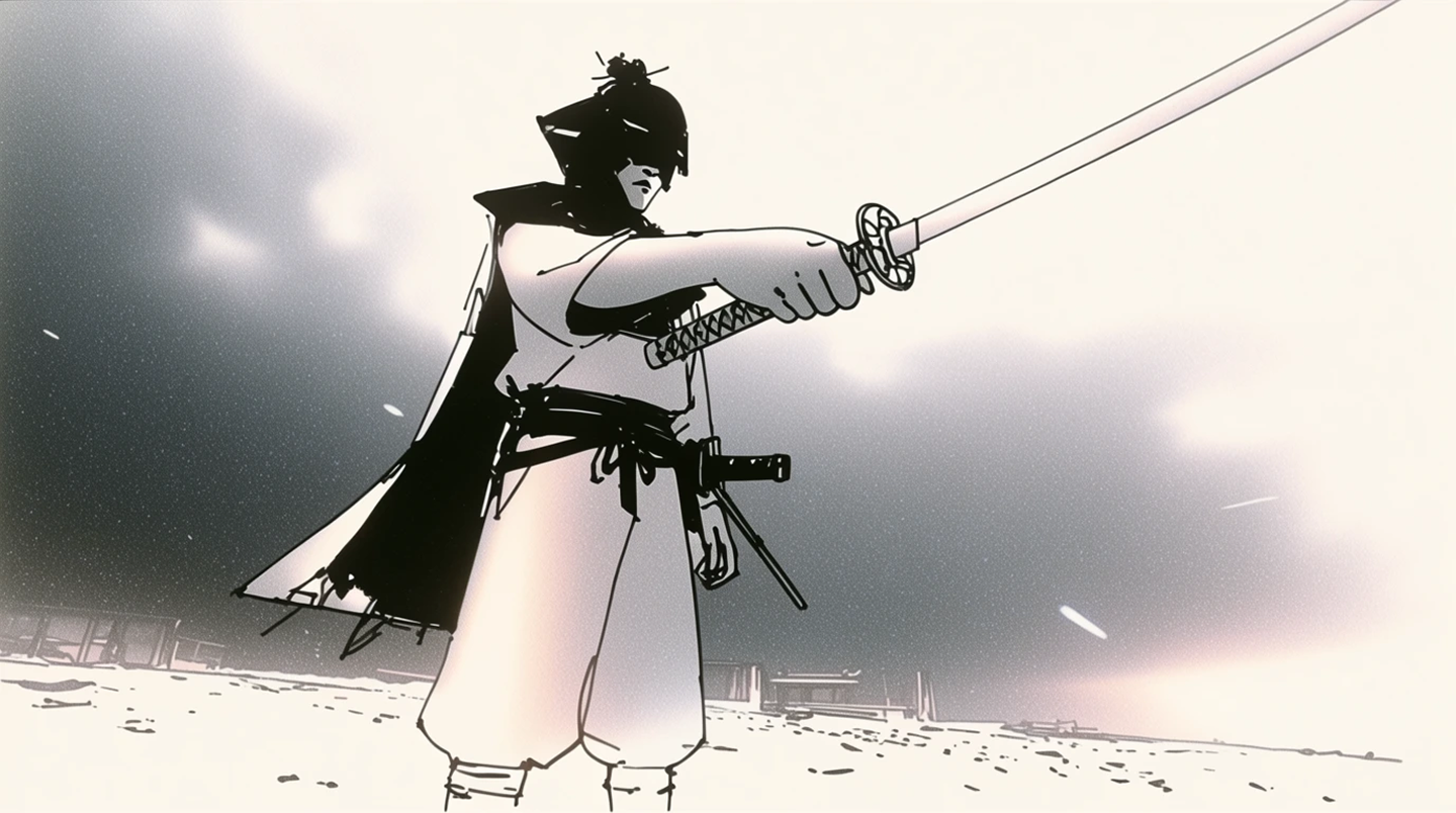 Samurai drawing his blade, dramatic action shot, wide angle lens