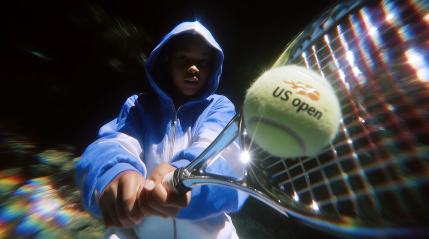Hooded girl mid backhand at the US Open, crisp HD photograph