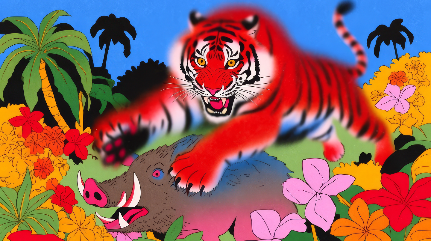 Terrifying tiger pouncing on boar in the jungle, vibrant colors, dramatic action shot
